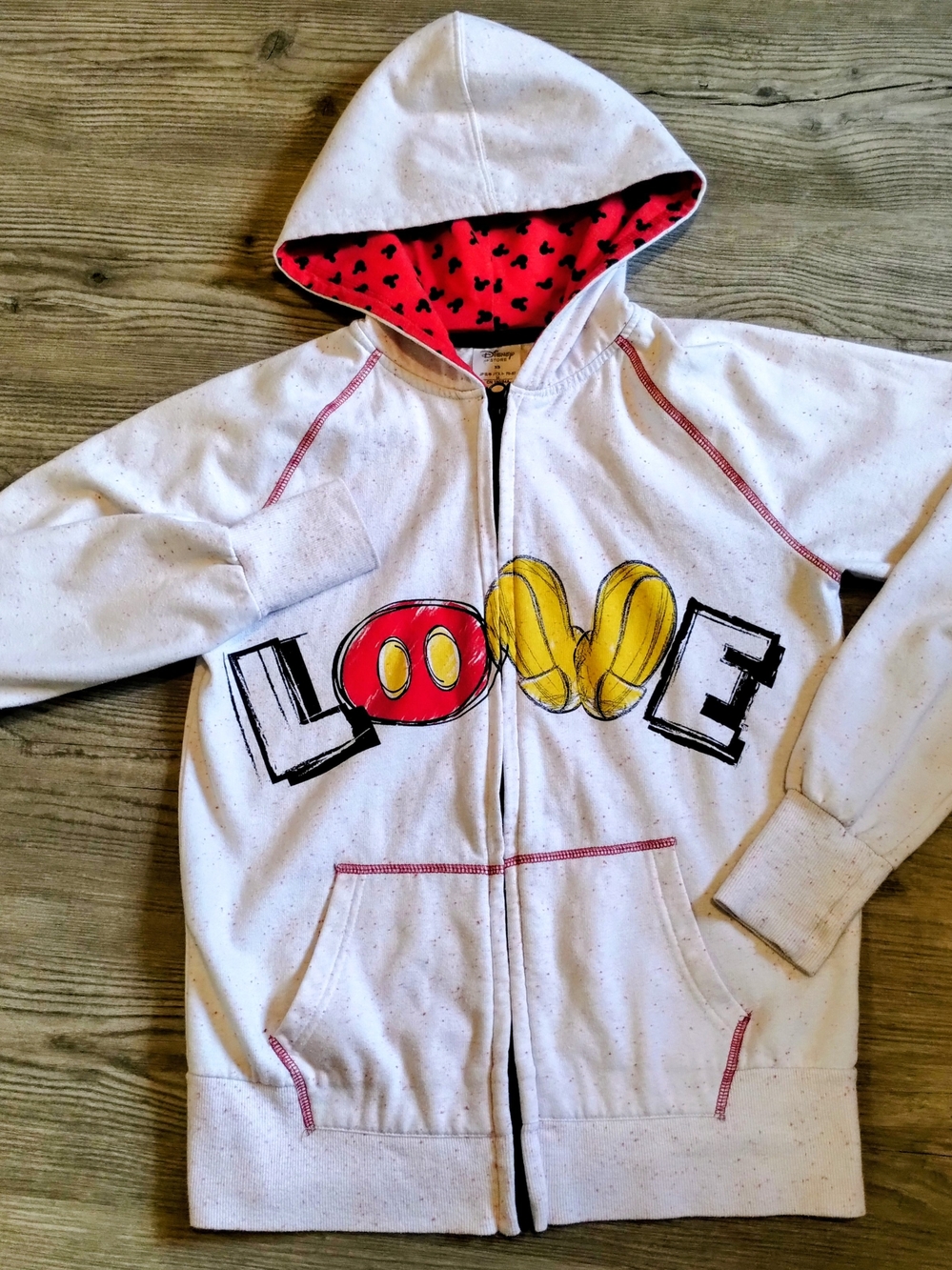 Disney Store "LOVE" White Speckled Zip Hoodie with Red Hood Mickey Lining